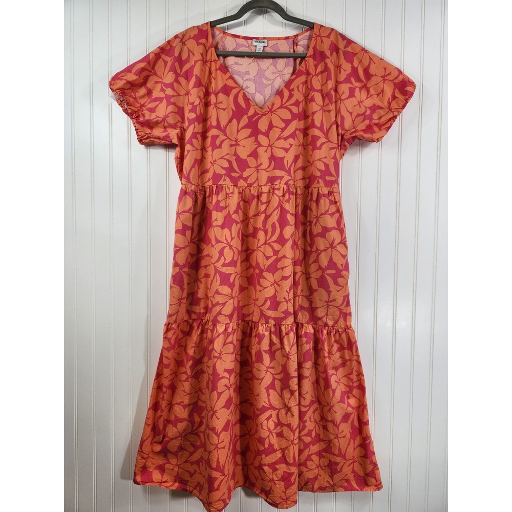 J.Crew Orange Pink Floral Tiered Maxi Dress V-Neck Puff Sleeve Womens 18 Cotton